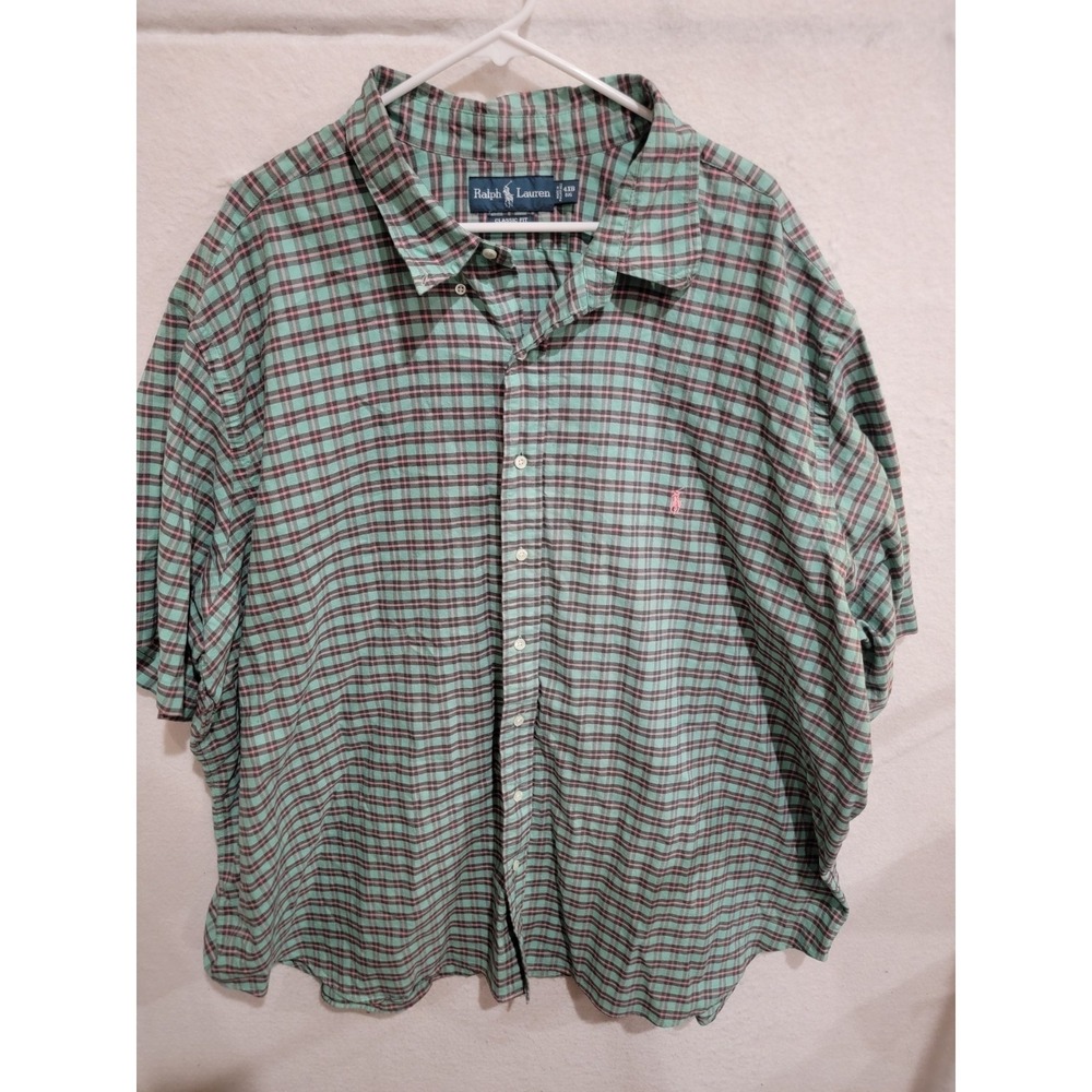 Ralph Lauren Mens 4XB Shirt Classic Fit Big & Tall Plaid Green Pink Cotton Short